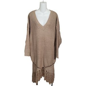 Cozy Casual Chunky Knit Sweater‎ Womens Sz M/L Tan V Neck Fringe Boho Oversized
